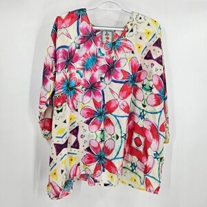 Johnny Was Silk Blouse Multicolor Floral Oversized 3/4 Sleeve Relaxed Tunic Sz S